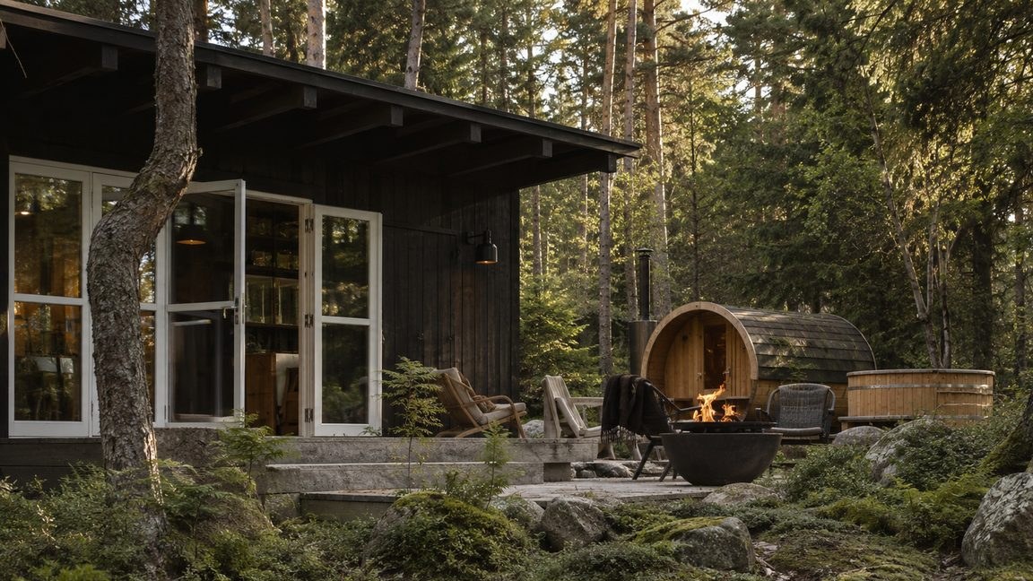 Moderne træhus med spa på Sydals